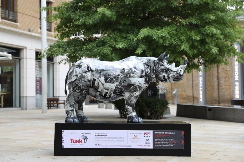 A Rhino with artwork by David Yarrow is seen on the Tusk Rhino Trail on August 19, 2018 in London, England.This Rhino is sponsored by Genesis Imaging.